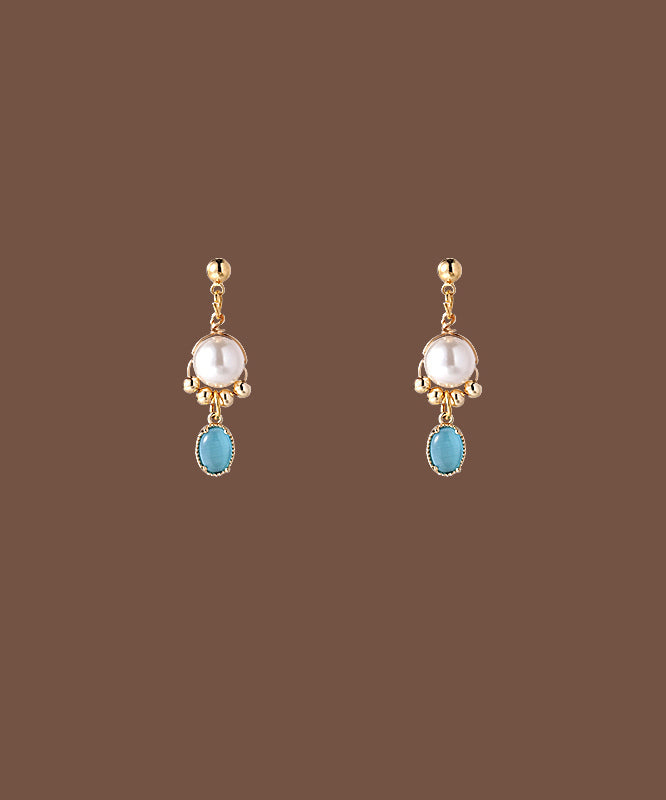 Original Gold Copper Alloy Cat Eye Stone Pearl Tassel Drop Earrings