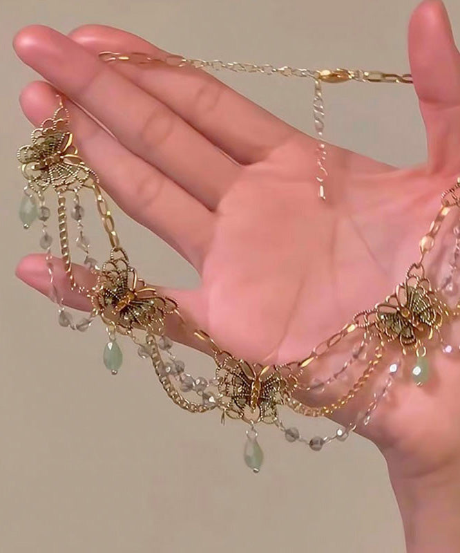 Original Green Sterling Silver Overgild Zircon Butterfly Tassel Pendant Necklace Po077