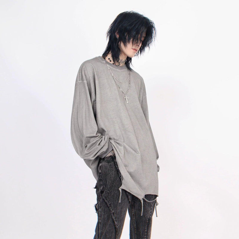 Distressed White Long-sleeve Tee With Chain Cross Necklace