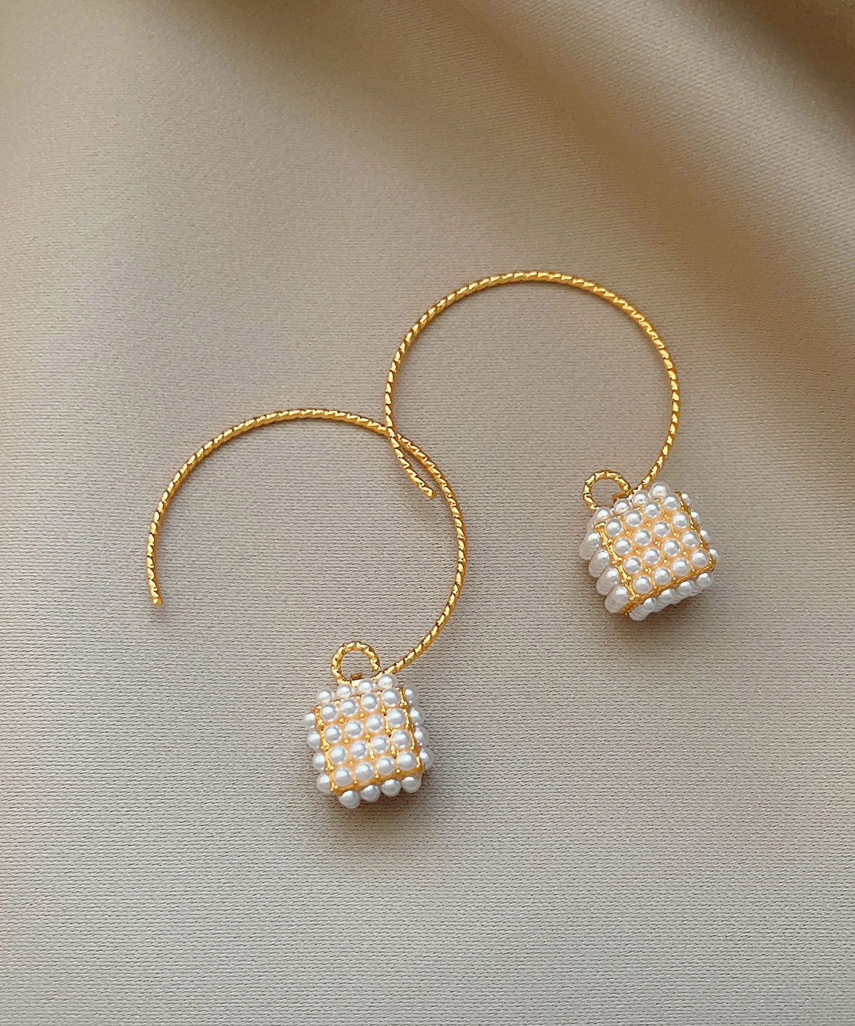 Oversize Gold Copper Overgild Lantern Pearl Hoop Earrings
