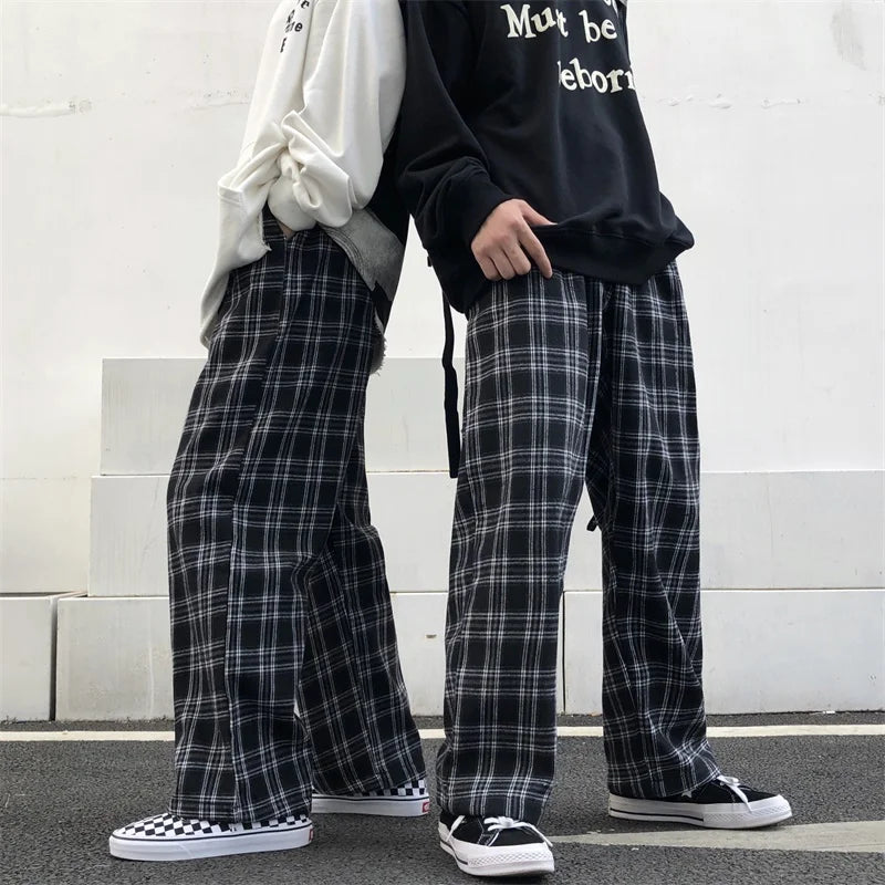 Oversize Pants Sweatpants Summer Black Plaid Pants Elastic Waist Pockets Student Trousers