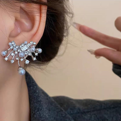 Oversize White Alloy Pearl Zircon Stud Earrings