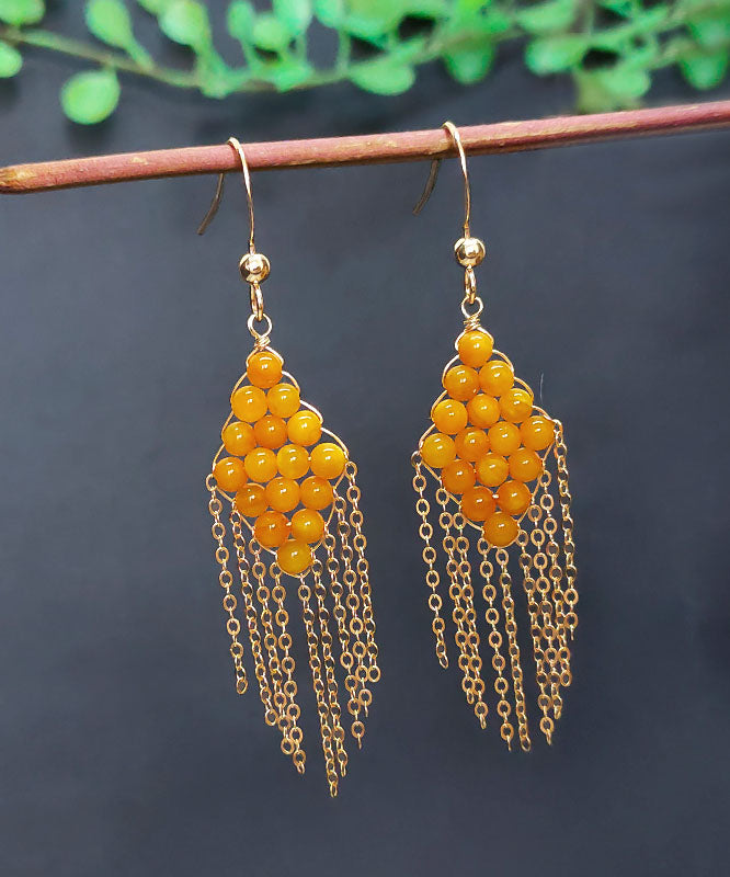 Oversize Yellow 14k Gold Amber Beeswax Tassel Drop Earrings