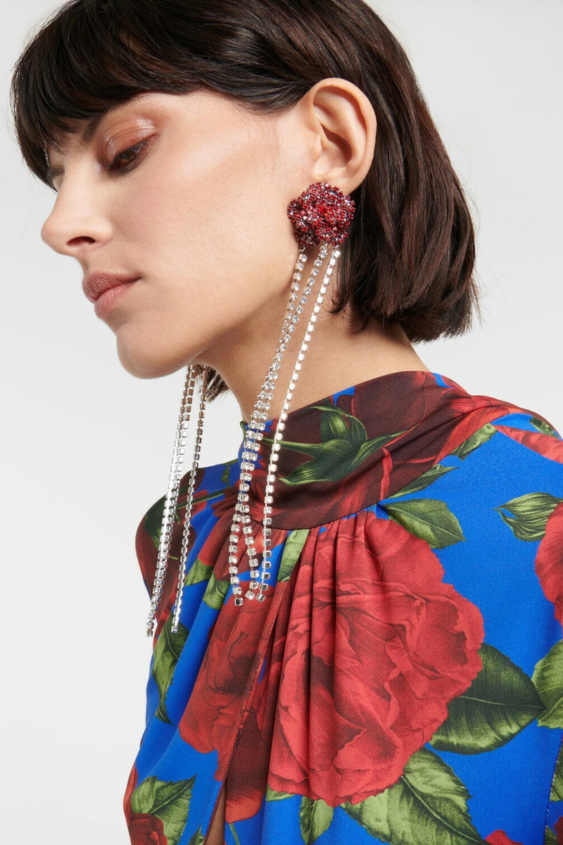 Crystal Rose Tassel Clip on Earrings