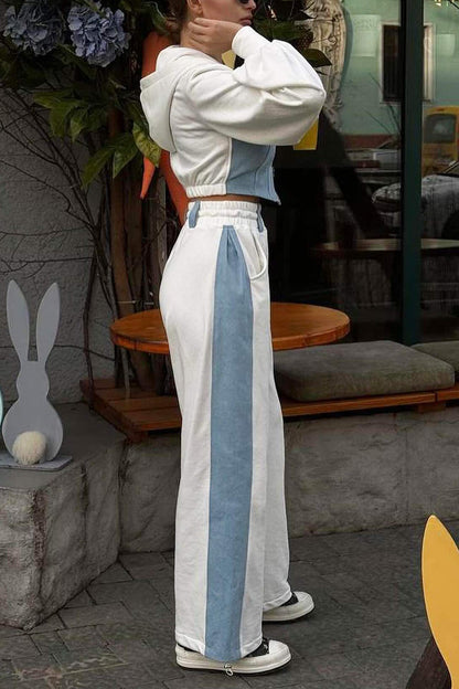 Patchwork Hooded Zipper Crop Top Pants Set