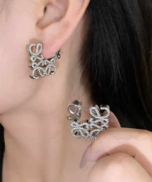 Personalized Silver Geometric Hollow Zircon Square Earrings