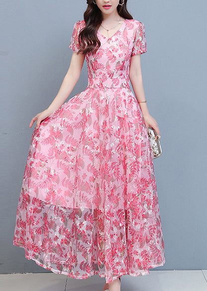 Pink Chiffon Holiday Maxi Dresses Short Sleeve Ly1699