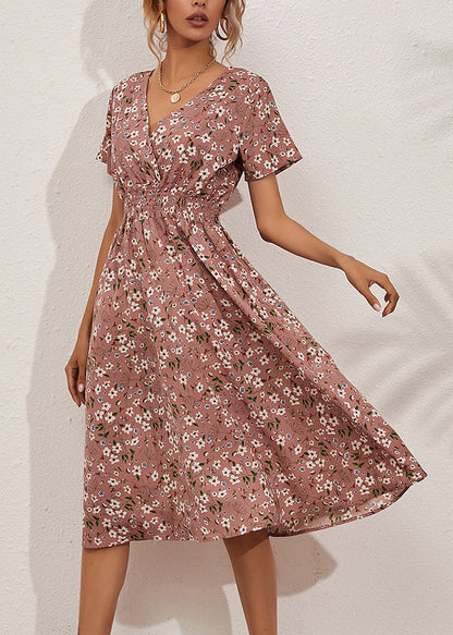 Pink Elastic Waist Party Maxi Dress Short Sleeve Ly1959
