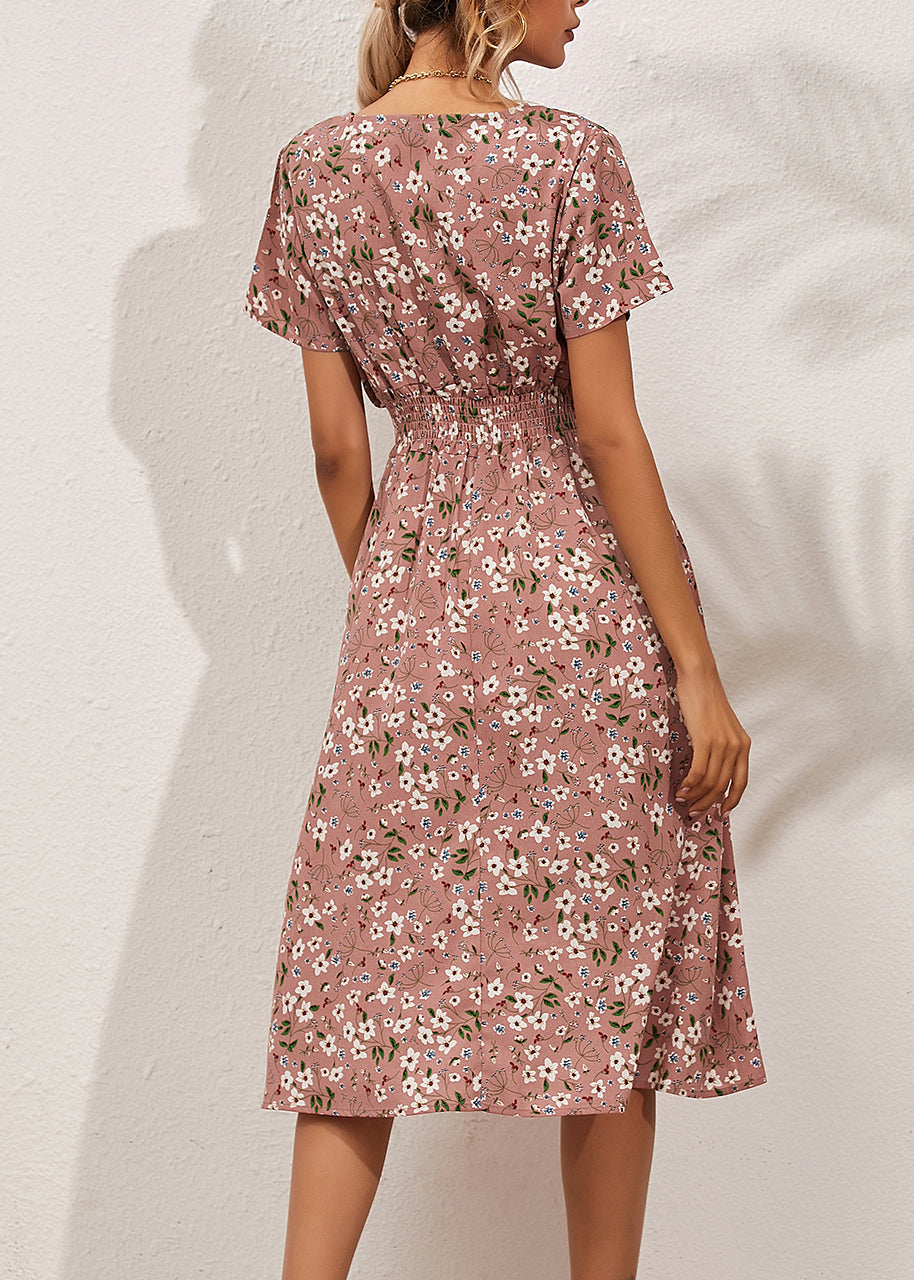 Pink Elastic Waist Party Maxi Dress Short Sleeve Ly1959