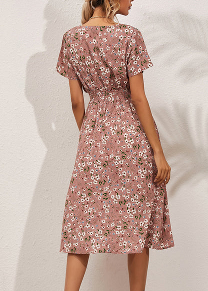 Pink Elastic Waist Party Maxi Dress Short Sleeve Ly1959