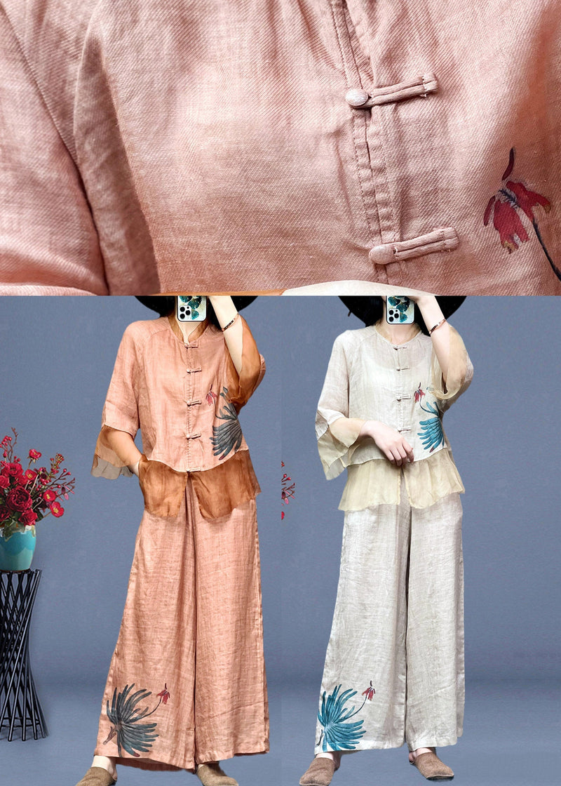 Apricot Stand Collar Tulle Patchwork Linen Shirts and Wide Leg Pants Two Pieces Set Long Sleeve Ti1023