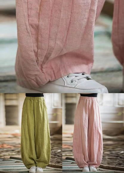 Pink High Waist Linen Wide Leg Pants Pockets Cg1049