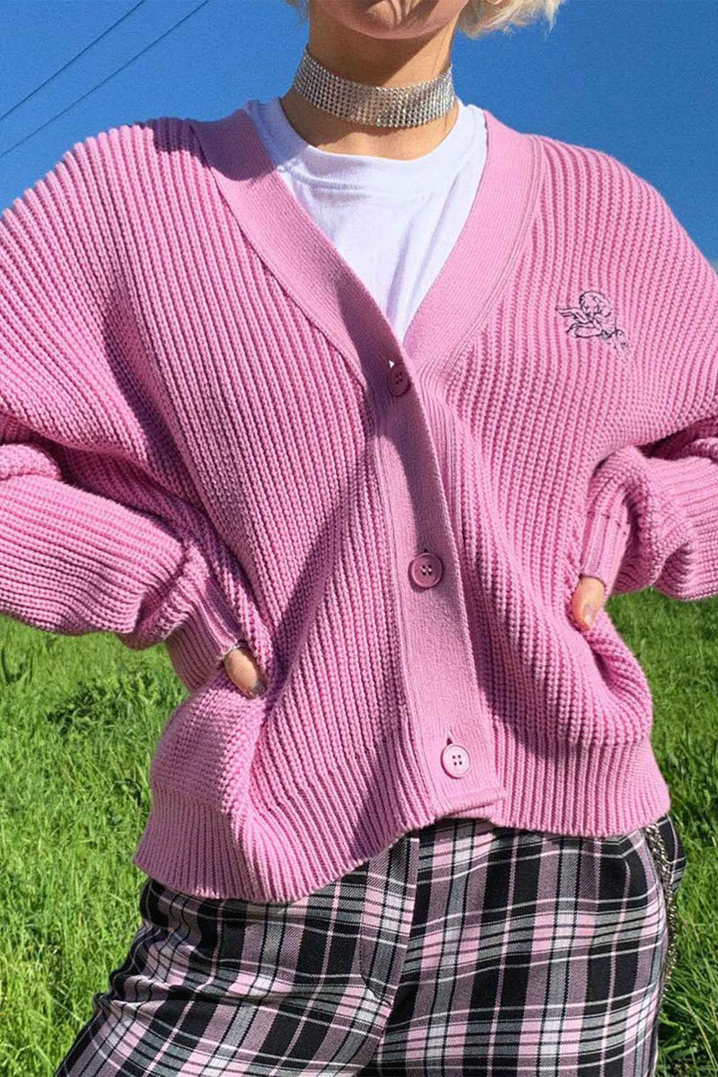 Pink Letters Embroidery Button-front Cardigan
