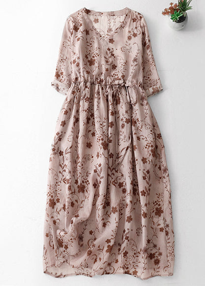 Pink Print Cotton Long Dress V Neck Drawstring Summer Am1068
