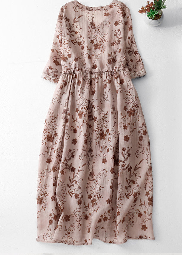 Pink Print Cotton Long Dress V Neck Drawstring Summer Am1068