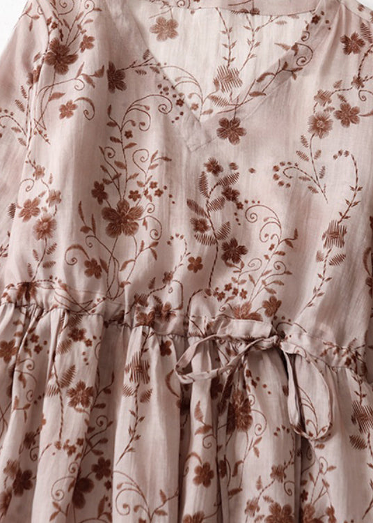 Pink Print Cotton Long Dress V Neck Drawstring Summer Am1068