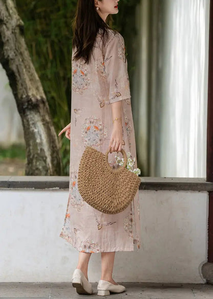 Pink Side Open Print Linen Long Dresses Stand Collar Summer Cg1006