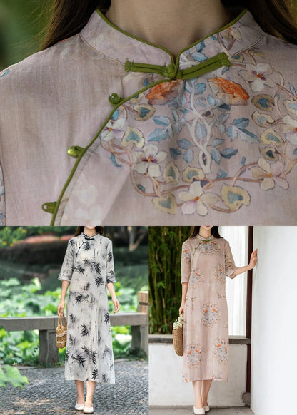 Pink Side Open Print Linen Long Dresses Stand Collar Summer Cg1006