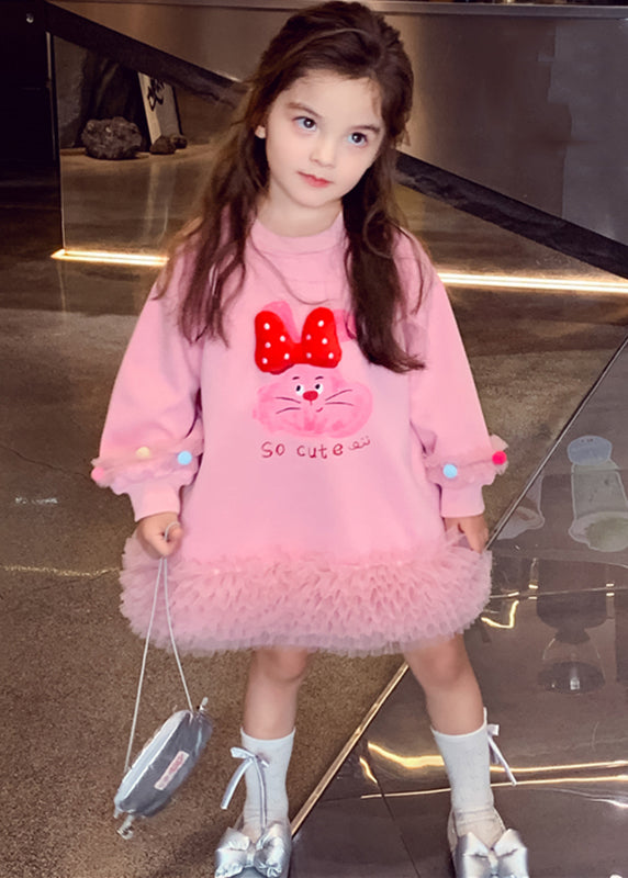 Pink Tulle Patchwork Tulle Kids Long Dresses Spring Tg011