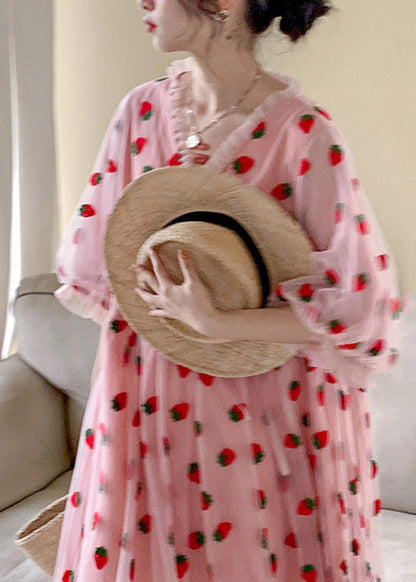 Pink V Neck Print Tulle Long Dress Short Sleeve Ti1009