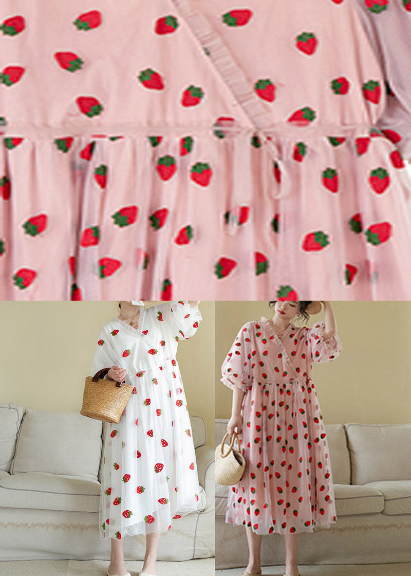 Pink V Neck Print Tulle Long Dress Short Sleeve Ti1009