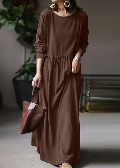 Beige O Neck Wrinkled Patchwork Cotton Maxi Dress Spring Lc0436
