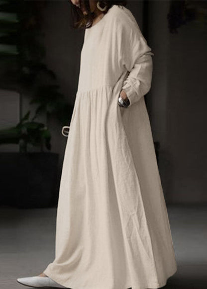 Beige O Neck Wrinkled Patchwork Cotton Maxi Dress Spring Lc0436