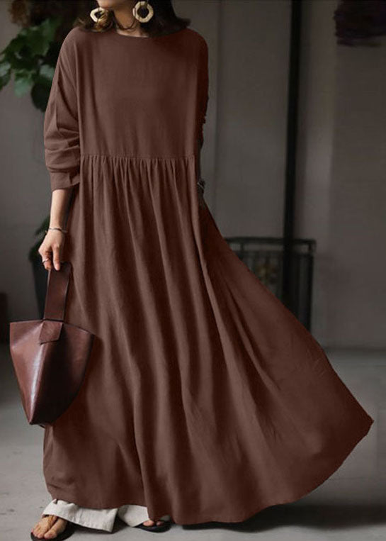 Beige O Neck Wrinkled Patchwork Cotton Maxi Dress Spring Lc0436