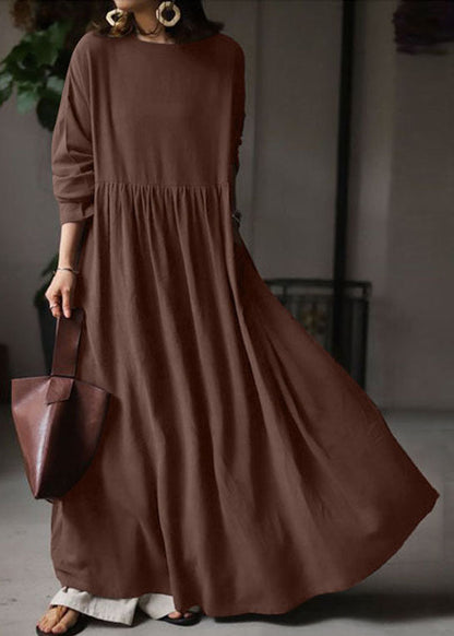Beige O Neck Wrinkled Patchwork Cotton Maxi Dress Spring Lc0436