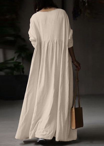 Beige O Neck Wrinkled Patchwork Cotton Maxi Dress Spring Lc0436