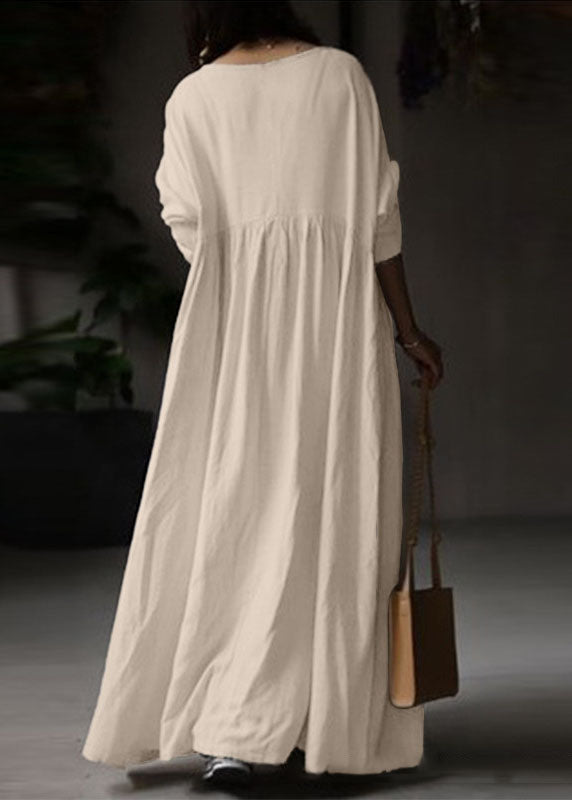 Beige O Neck Wrinkled Patchwork Cotton Maxi Dress Spring Lc0436