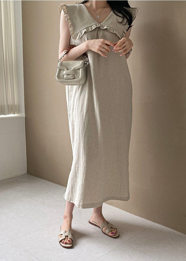 Beige Oversized Ruffled Side Open Linen Maxi Dress Sleeveless Ly1323