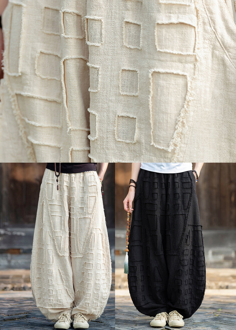 Beige Pockets Patchwork Linen Lantern Pants Fall Ru011