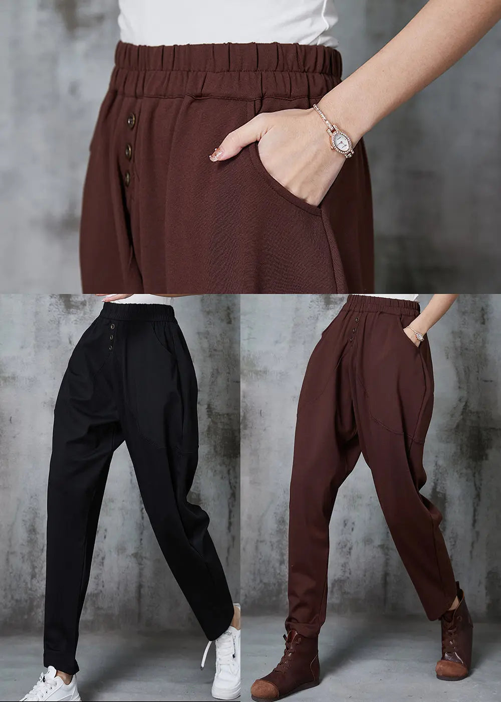 Caramel Cotton Harem Pants High Waist Button Spring Jk1014