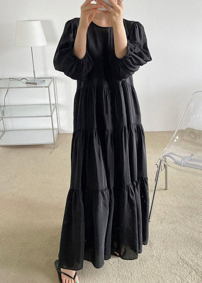 Black O-neck Patchwork Backless Cotton Maxi Dress Bracelet Sleeve Ly1327