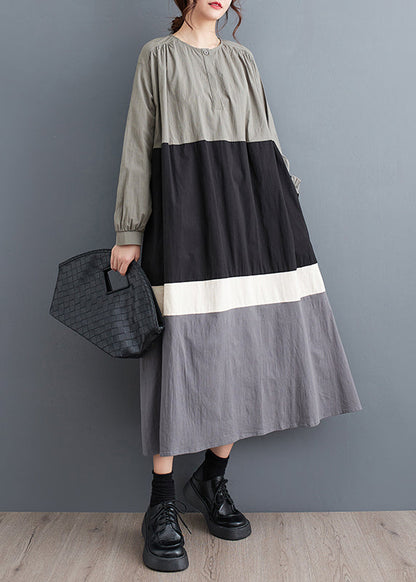 Black O Neck Patchwork Cotton Long Dress Fall Qa056