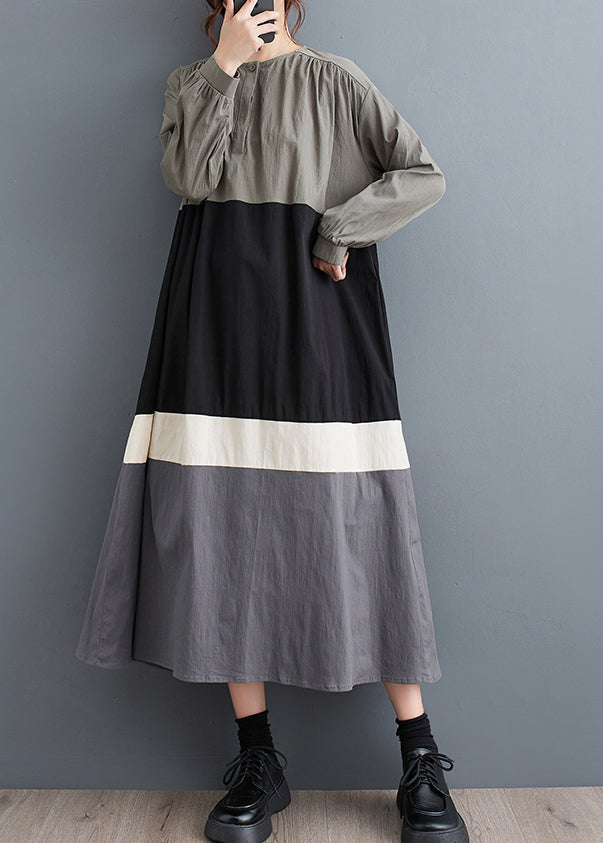 Black O Neck Patchwork Cotton Long Dress Fall Qa056
