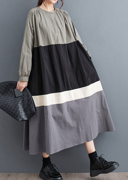 Black O Neck Patchwork Cotton Long Dress Fall Qa056