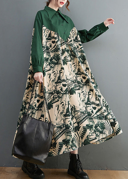 Black Peter Pan Collar Print Patchwork Button Maxi Dress Long Sleeve Ac2008