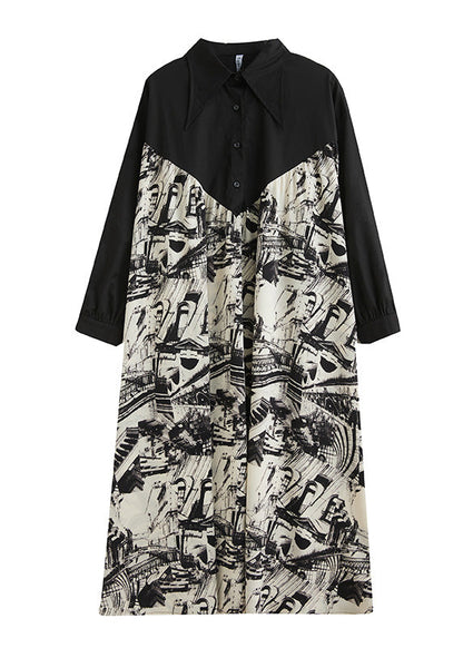 Black Peter Pan Collar Print Patchwork Button Maxi Dress Long Sleeve Ac2008