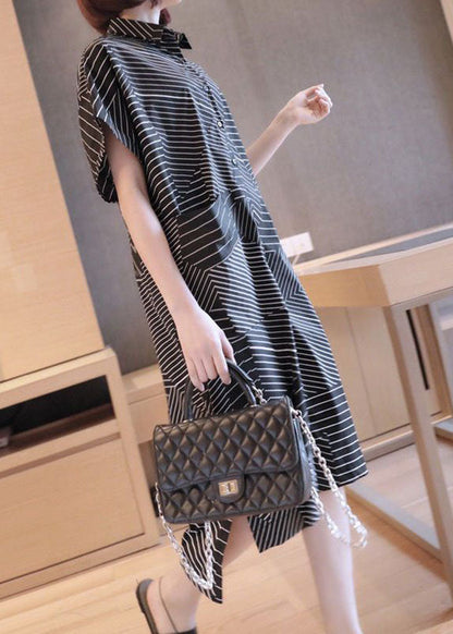 Black Peter Pan Collar Striped Maxi Dresses Summer Ly1407