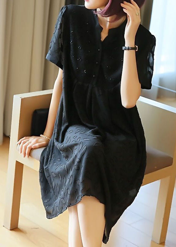 Black Stand Collar Patchwork Jacquard Chiffon Maxi Dresses Summer Ly1420