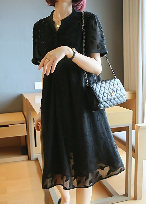 Black Stand Collar Patchwork Jacquard Chiffon Maxi Dresses Summer Ly1420