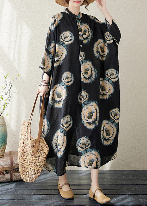 Black Stand Collar Print Long Dress Long Sleeve Ap067