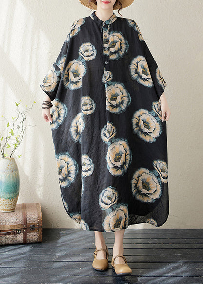 Black Stand Collar Print Long Dress Long Sleeve Ap067