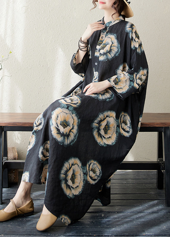 Black Stand Collar Print Long Dress Long Sleeve Ap067