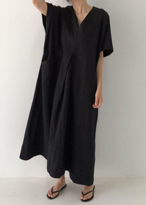 Black V Neck Oversized Linen Long Dress Short Sleeve Ly1328