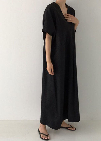 Black V Neck Oversized Linen Long Dress Short Sleeve Ly1328