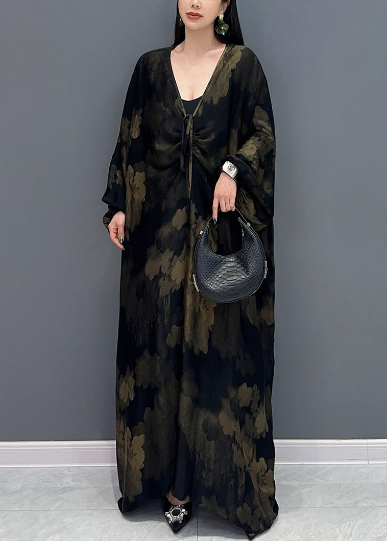 Black V Neck Print Holiday Maxi Dress Long Sleeve Ay1048