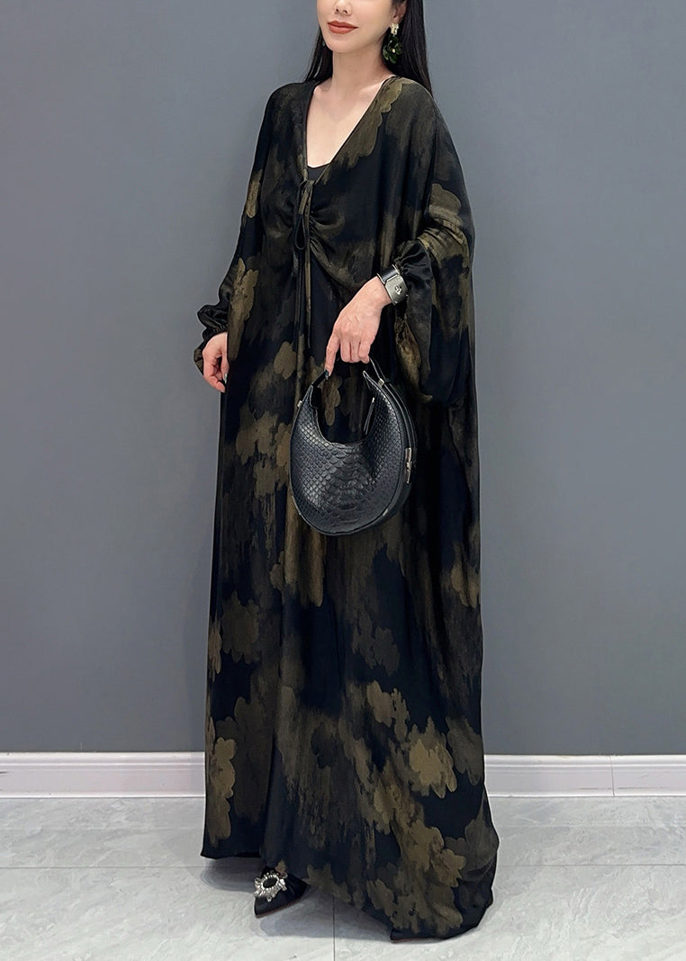 Black V Neck Print Holiday Maxi Dress Long Sleeve Ay1048